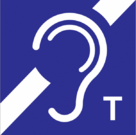 Ein stilisiertes Ohr, ein diagonaler Querbalken führt hindurch, unten recht befindet sich der Buchstaben T